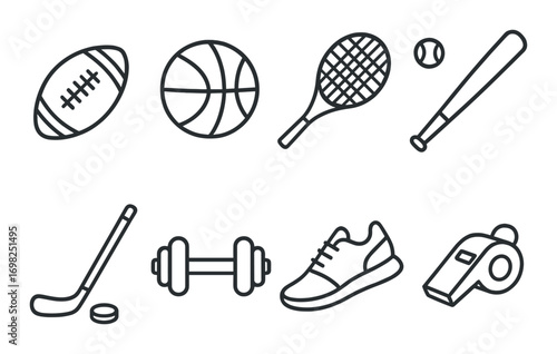 Eight sports icons: football, basketball, tennis, baseball, hockey, weights, running, whistle