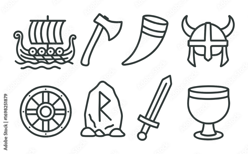 Obraz premium Viking symbols: longship, axe, horn, helmet, shield, rune, sword, goblet