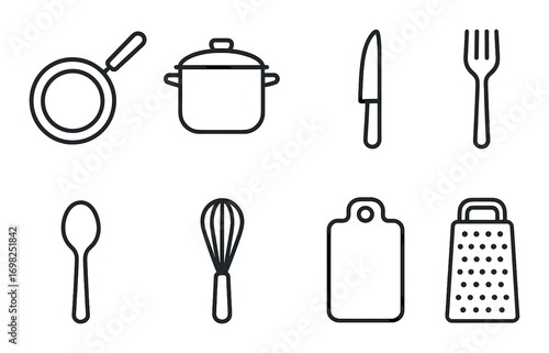 Monochrome kitchen utensils icons on dark background with grater