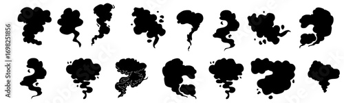 Explosive smoke clouds. dark smoke puffs and swirling cloud. Vector isolated set