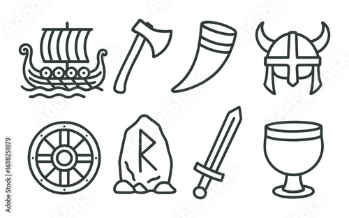 Viking symbols: longship, axe, horn, helmet, shield, rune, sword, goblet