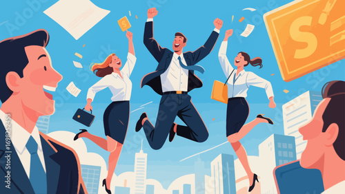 Business figures joyfully jump to celebrate success, joyfully throw punches to encourage, hand-drawn vector illustrations