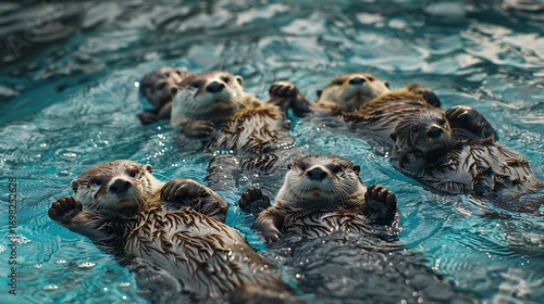 A family of otters floating on their backs in the water, each holding hands with their young to prevent them from drifting away. 