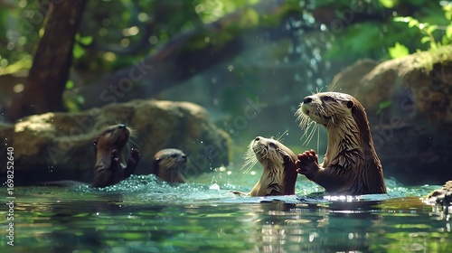 A family of otters teaching their playful pups how to swim and hunt for fish in a sparkling river