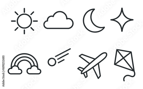 Monochrome weather and travel icons with sun cloud moon star