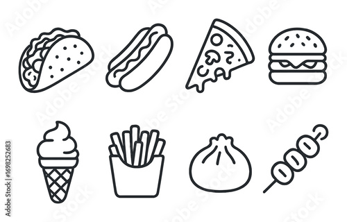 Icon set of popular fast food items: taco, hot dog, pizza, burger, ice cream, fries, dumpling, skewer