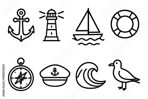 Nautical icon set: anchor, lighthouse, sailboat, lifebuoy, and more