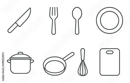 Kitchen utensil icons: knife, fork, spoon, plate, pot, pan, whisk, cutting board