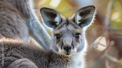 A kangaroo joey peeking out from its mother's pouch, curious about the world outside