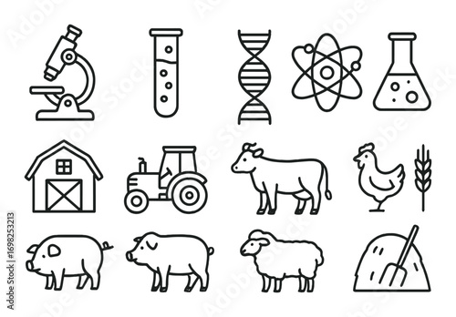 Scientific and agricultural icons: microscope, dna, tractor, farm animals, laboratory tools