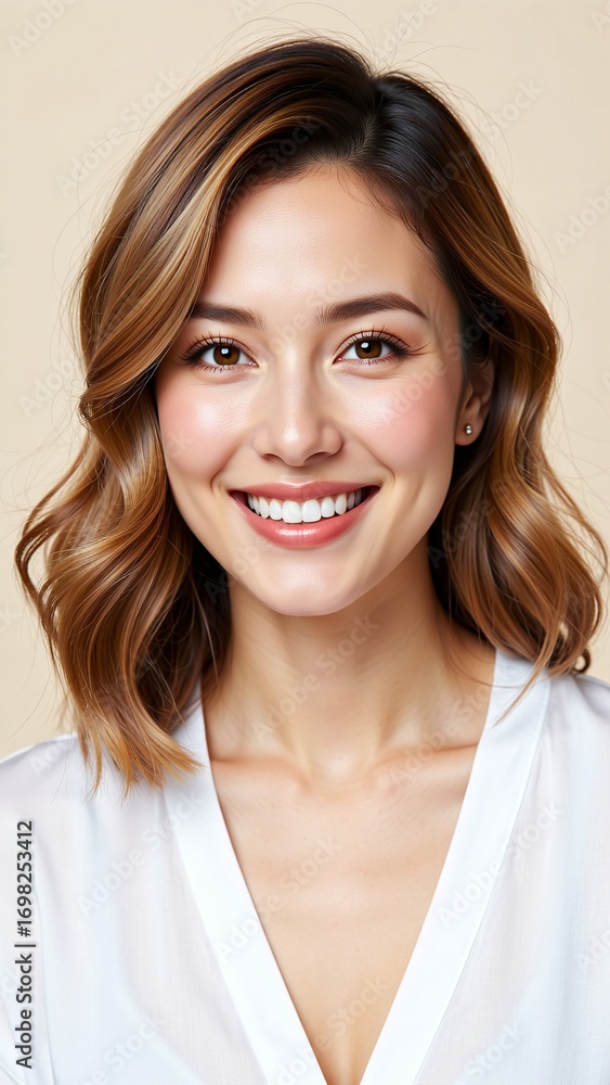 Fototapeta premium Beautiful young Asian woman with wavy brown hair and white blouse smiling warmly isolated on beige background for marketing campaign, advertising, or website hero image with copy space