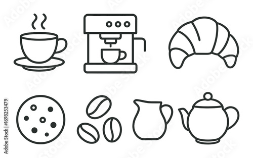 Coffee and bakery icons featuring cup, coffee machine, croissant, cookie, beans, jug, teapot