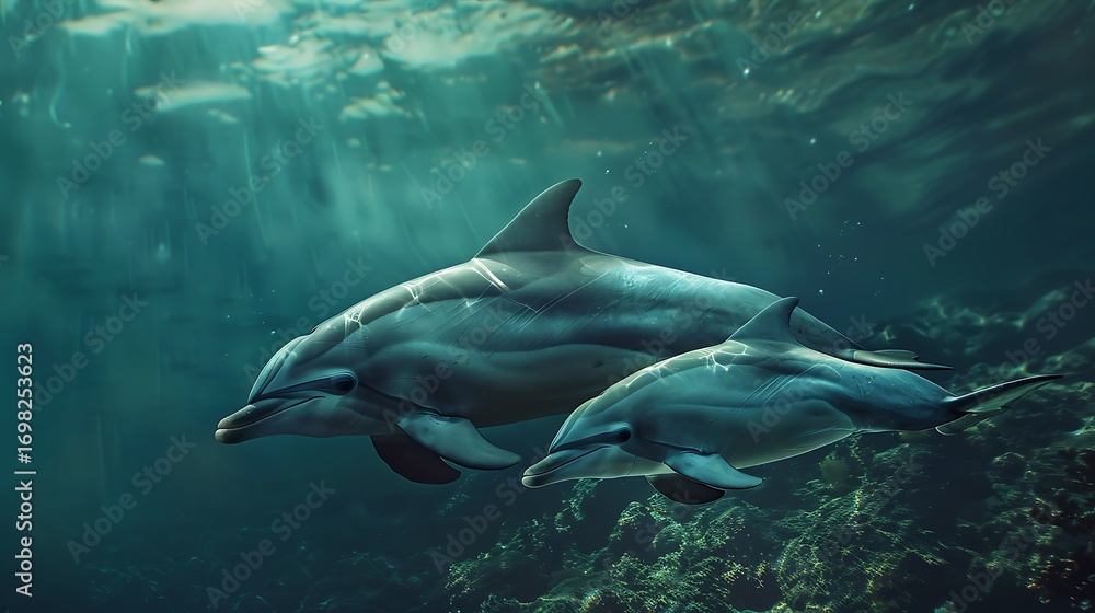 Fototapeta premium A mother dolphin swimming alongside her calf, guiding and protecting it as they navigate the ocean currents