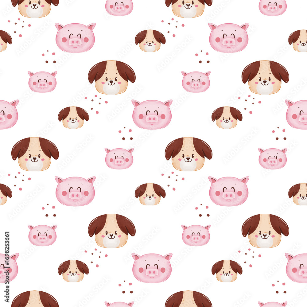 Obraz premium Seamless Pattern with Pig and Puppy Cartoon