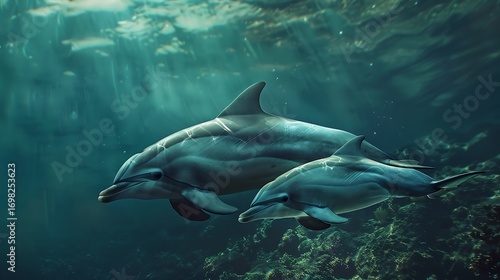 A mother dolphin swimming alongside her calf, guiding and protecting it as they navigate the ocean currents