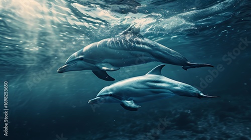 A mother dolphin swimming alongside her calf, guiding and protecting it as they navigate the ocean currents