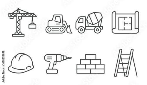 Construction icons: crane, bulldozer, cement mixer, blueprint, helmet, drill, bricks, ladder