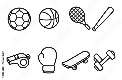 Set of sports equipment icons: ball, basketball, racquet, bat, whistle, glove, skateboard, dumbbell
