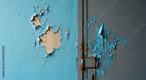 Wallpaper Mural Distressed wall and rusty metal door with peeling blue paint, showcasing textured grunge and decay. A vivid representation of deterioration and aged surfaces, perfect for backgrounds. Torontodigital.ca