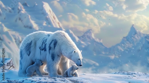 A mother polar bear tenderly nursing her cubs in the snowy Arctic landscape. 