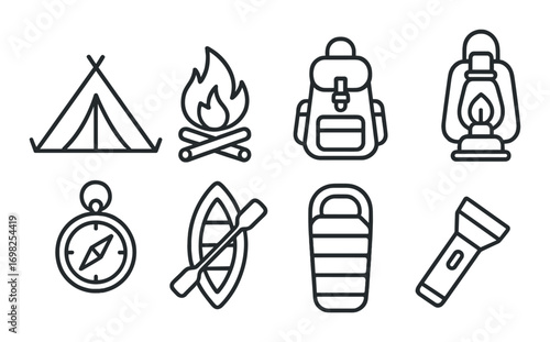 Camping gear icons: tent, campfire, backpack, lantern, compass, canoe, sleeping bag, flashlight