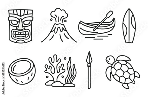 Polynesian icons: tiki mask, volcano, canoe, surfboard, coconut, coral, spear, turtle