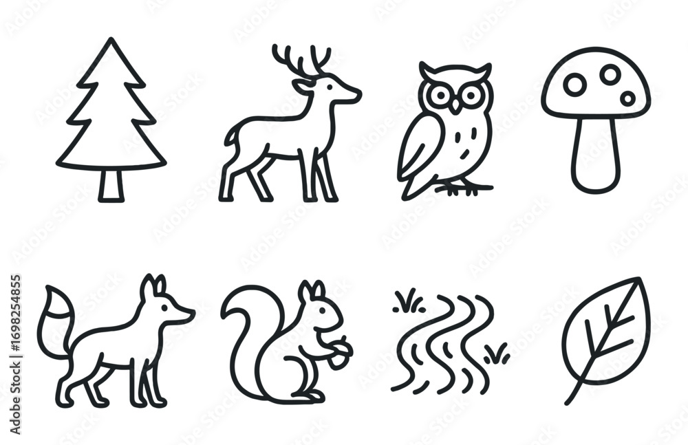 Fototapeta premium Nature silhouettes: deer, owl, fox, squirrel, tree, leaf, mushroom icons