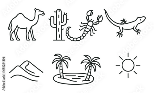 Desert symbols: camel, cactus, scorpion, lizard, sand dunes, oasis, sun