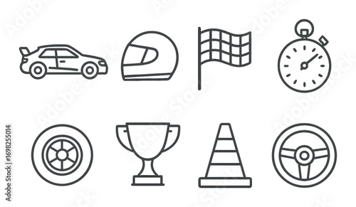 Racing icons: car, helmet, flag, stopwatch, wheel, trophy, cone, steering wheel