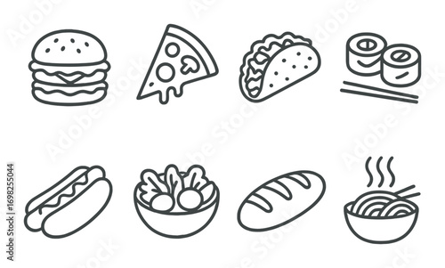 Outline icons of popular international foods on dark background