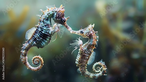 A pair of seahorses engaging in a delicate dance as the male carries the developing eggs in his brood pouch