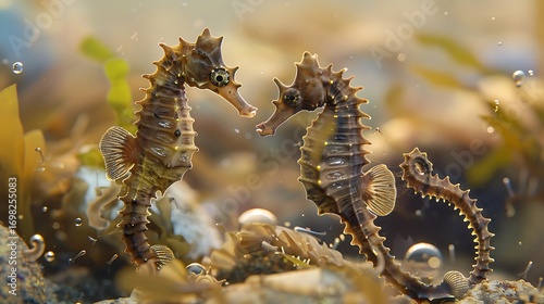 A pair of seahorses engaging in a delicate dance as the male carries the developing eggs in his brood pouch