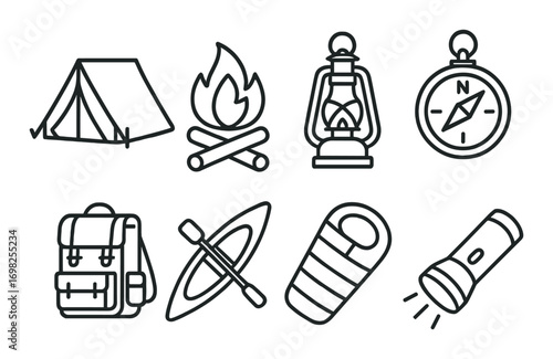 Camping icons: tent, campfire, lantern, compass, backpack, kayak, sleeping bag, flashlight