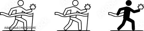 Character crossing the finish line. Vector trendy thin line icon illustration design for sports, business and personal development concepts related with winning, success. 3 different styles 