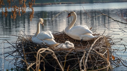 A pair of swans building a nest together, carefully arranging twigs and feathers to create a safe haven for their eggs