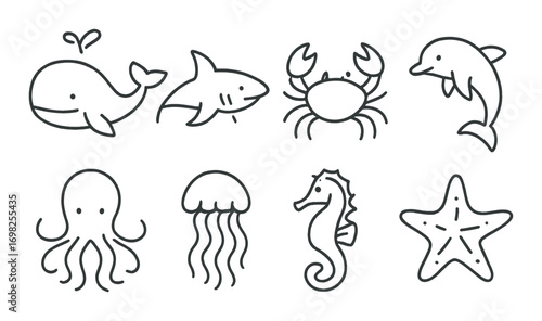 Marine animal icons: whale, shark, crab, dolphin, octopus, jellyfish, seahorse, starfish