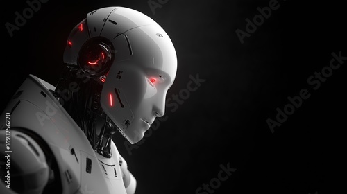photograph of a white humanoid robot with red led eyes on a dark background, looking to the right side. this is a 3d rendering, shown in close-up. 