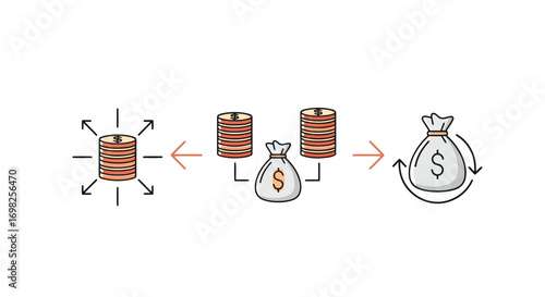Vector illustration of financial concept illustration showing money flow from coins to a money bag with dollar sign