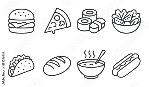 Monochrome icons of popular fast foods including burger, pizza, sushi, salad, and more