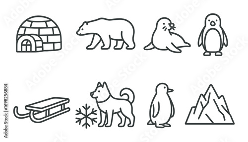 Outlined arctic animal icons with igloo, sled, and mountain symbols
