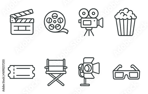 Film industry icons: clapperboard, reel, camera, popcorn, ticket, chair, spotlight, 3d glasses