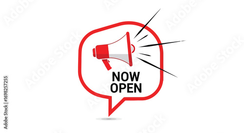Vector illustration of megaphone announcing now open in a speech bubble