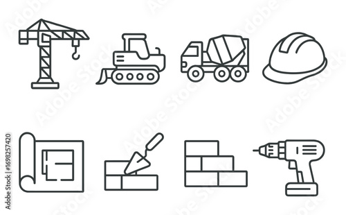 Construction tools and machinery icons: crane, bulldozer, mixer, hard hat, blueprint, trowel, bricks, drill