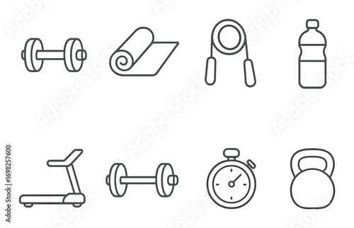 Monochrome fitness icons: dumbbells, yoga mat, jump rope, water bottle, treadmill, stopwatch, kettlebell