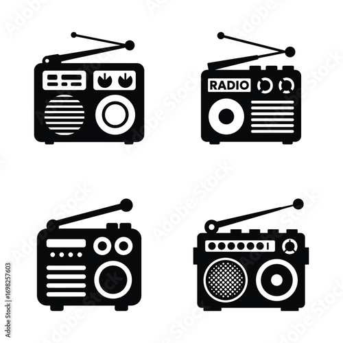 A black and white radio icon vector set