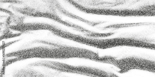 Abstract halftone wavy background with dotwork grain noise. Black and white stippled texture creating dynamic motion wave effect. Vintage noisy dotted pattern for poster, album cover, collage design.