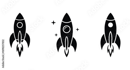 A black and white rocket icon vector set