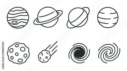 Outline icons of planets, asteroids, and galaxies on dark background