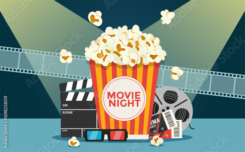 Cinema banner with of movie elements. Movie time. Movie night.Cinema concept poster. Vector stock	