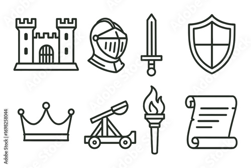 Medieval icons: castle, knight, sword, shield, crown, catapult, torch, scroll